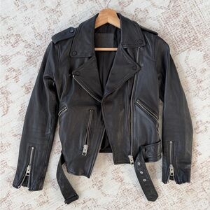 All Saints Black Leather Biker Jacket with Zipper Details